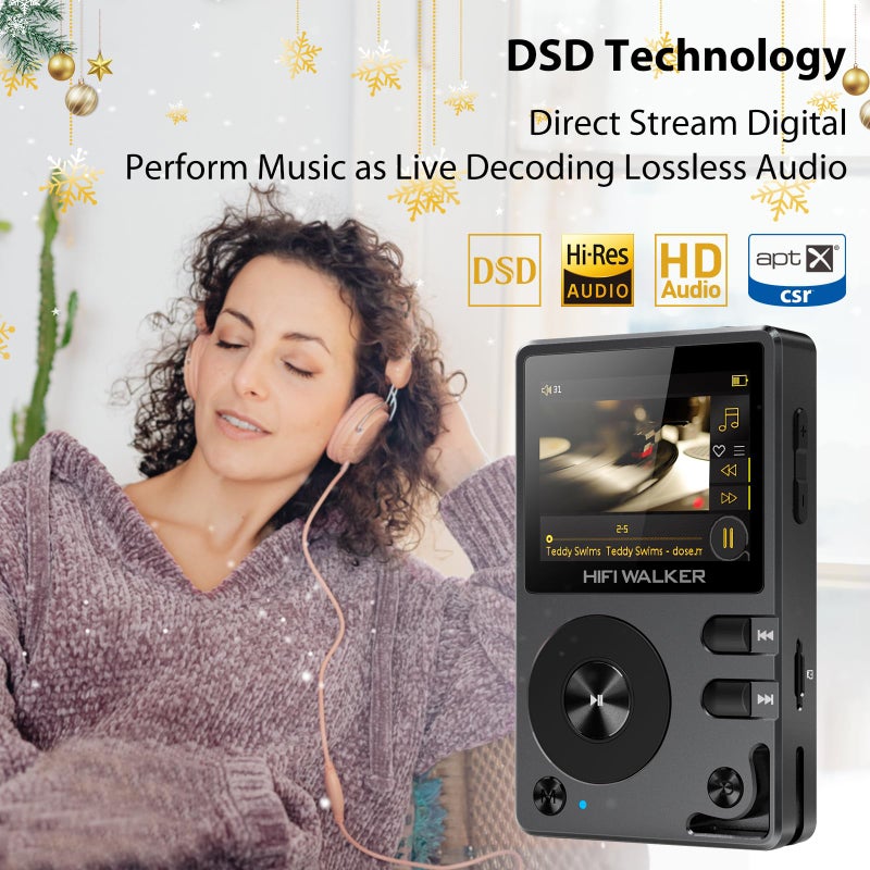 HIFI WALKER مشغل MP3 HIFI WALKER H2 HiFi مع بلوتوث، DAC DSD بدون فقدان، Flac، مشغل موسيقى عالي الدقة، مشغل صوت محمول مع بطاقة ذاكرة سعة 64 جيجابايت، يدعم حتى 512 جيجابايت - Image 2